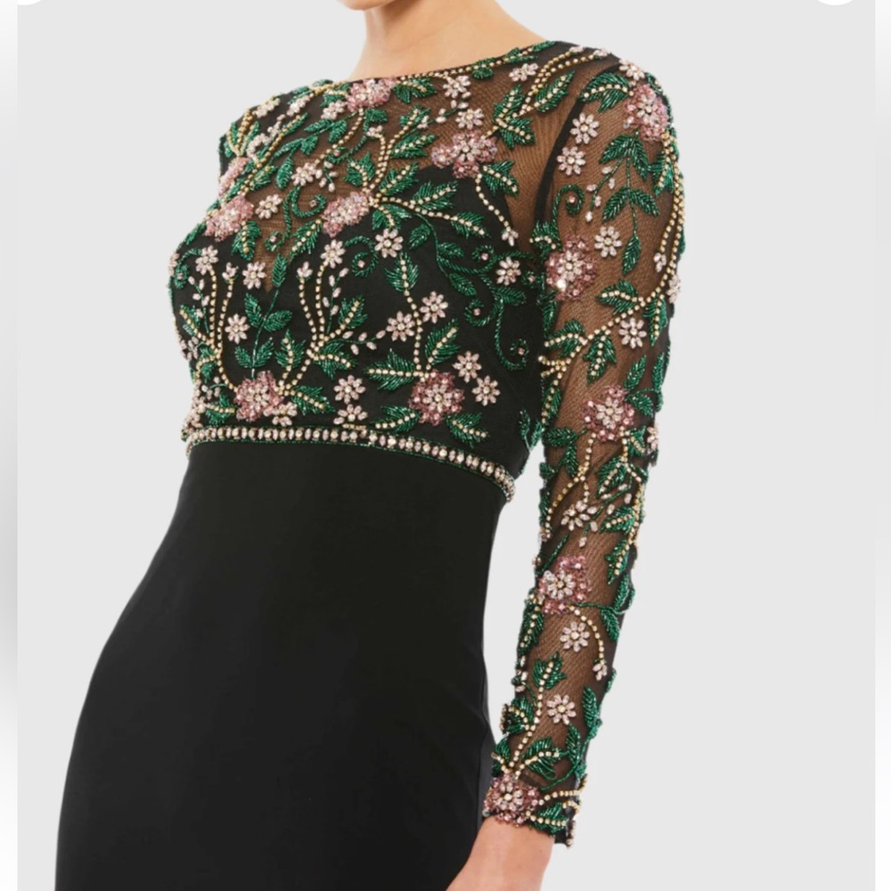 Mac Duggal Black Maxi Dress with Green Floral Embroidery - Picture 2 of 8